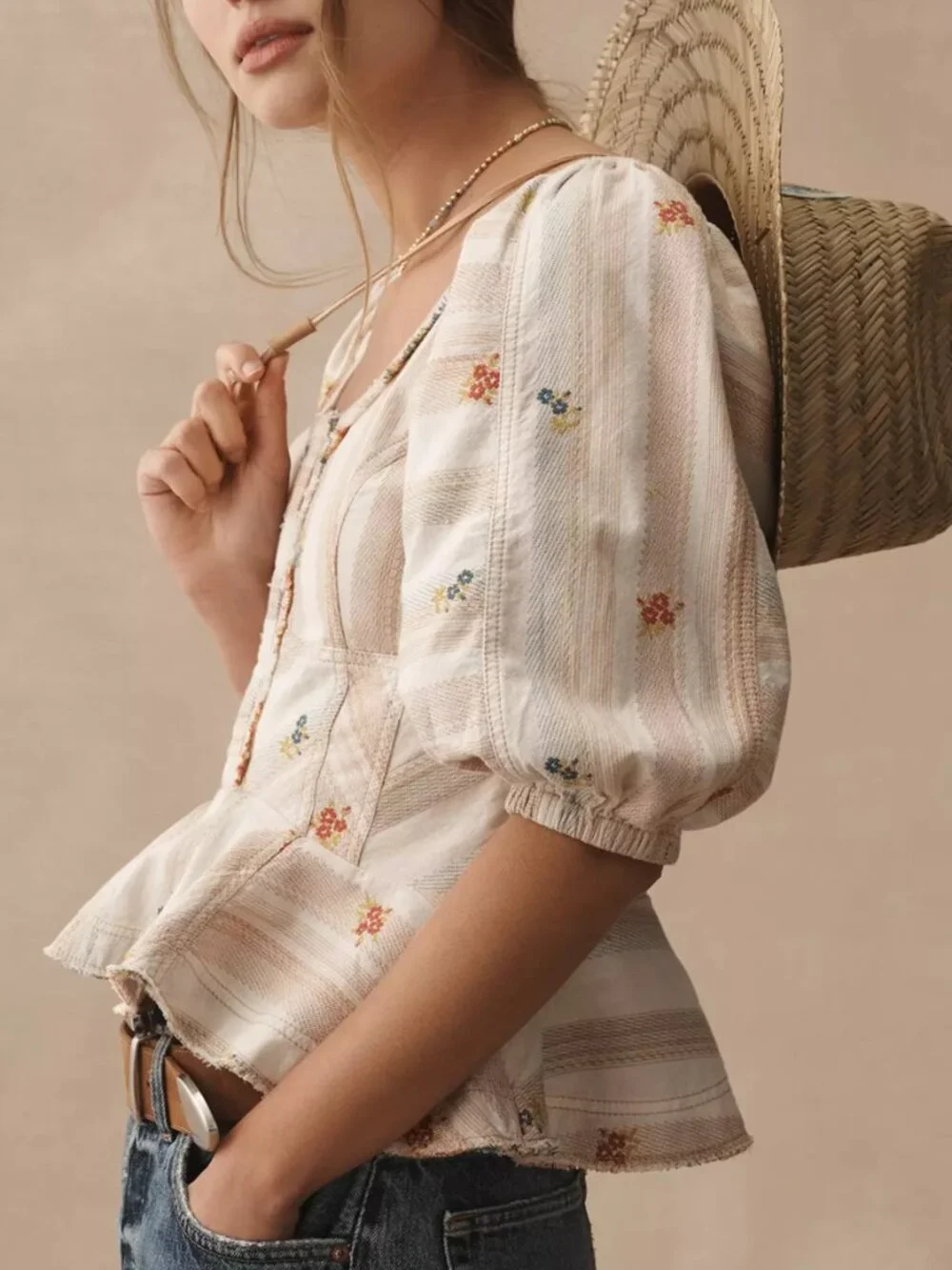 Anthropologie Pilcro Puff-Sleeve Peplum Blouse Neutral Motif Floral Cream M